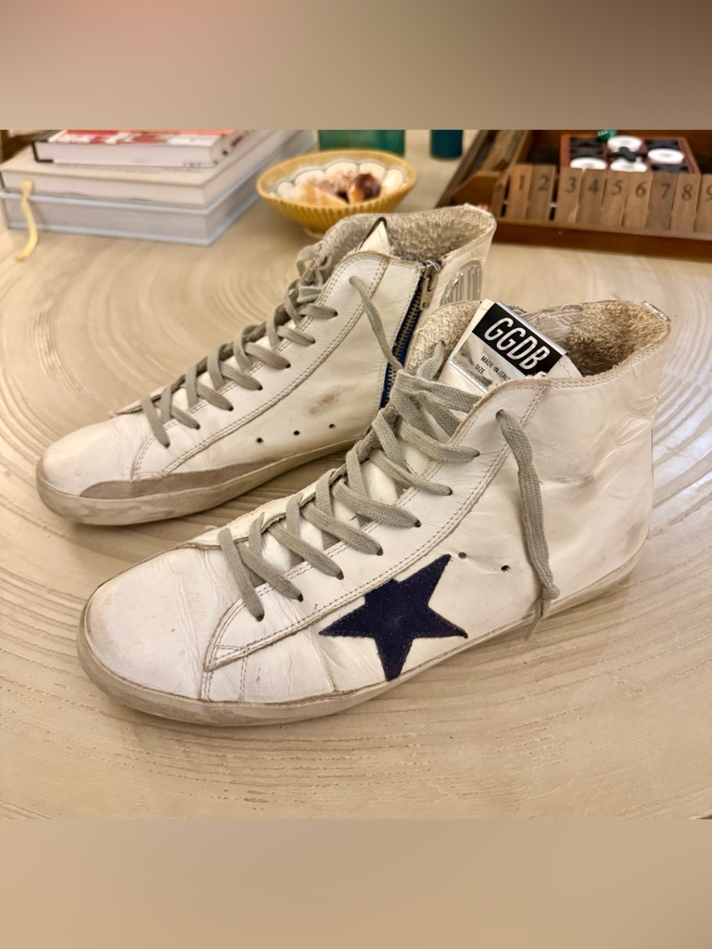 Golden Goose White High-Top Sneakers with Navy Star Size 11